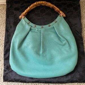 Authentic Gucci Bamboo Top Handle Shoulder Bag in Turquoise Size Small